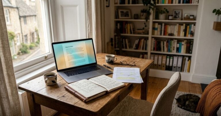 AI-generated illustration of a freelance SEO writer's desk with printed articles